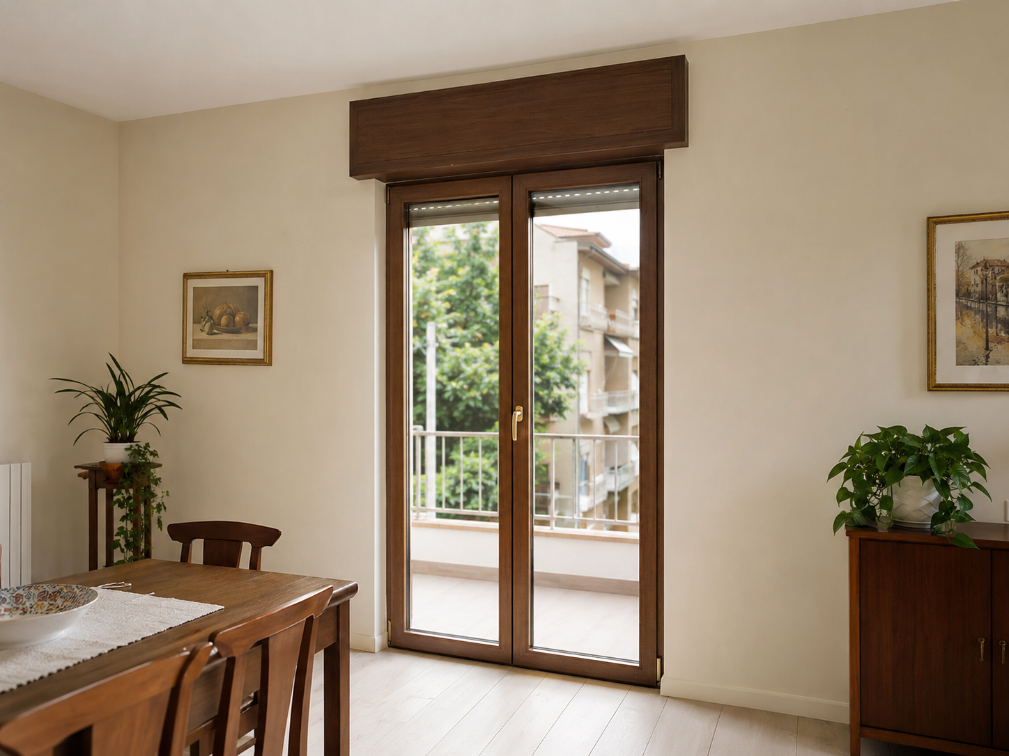 Cassonetto in PVC effetto legno noce scuro sopra una portafinestra in una sala da pranzo classica