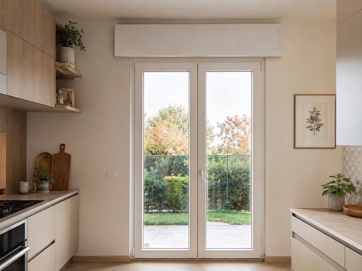 Cassonetto in PVC bianco sopra una portafinestra in una cucina moderna