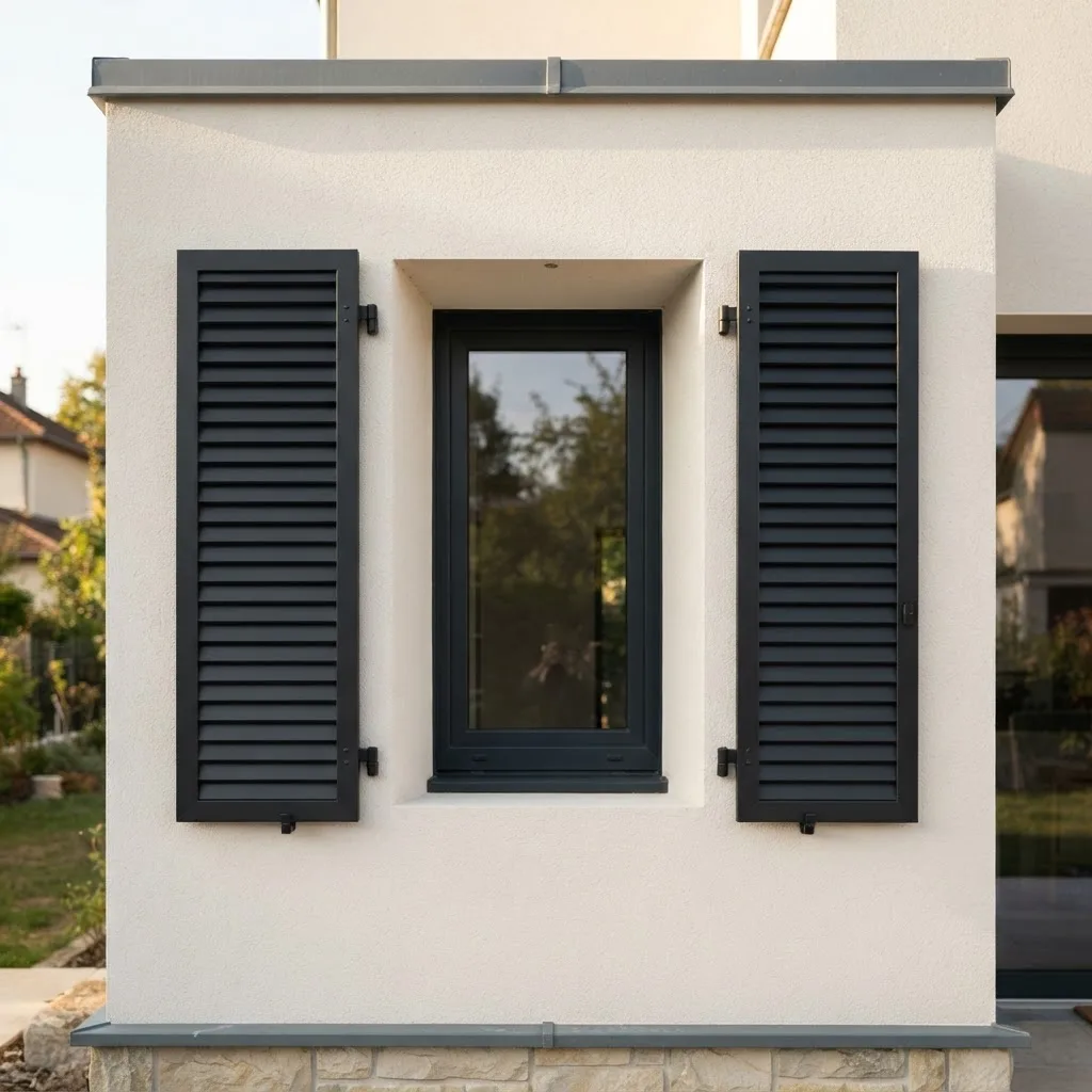 Persiana esterna in alluminio nero a lamelle senza maniglie montata su una finestra di casa moderna
