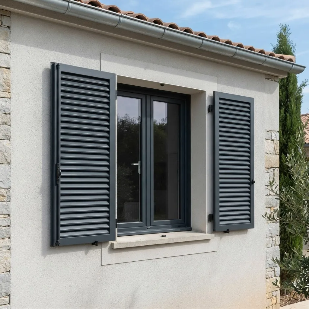 Persiana esterna in alluminio grigio scuro a lamelle senza maniglie montata su una finestra di casa moderna