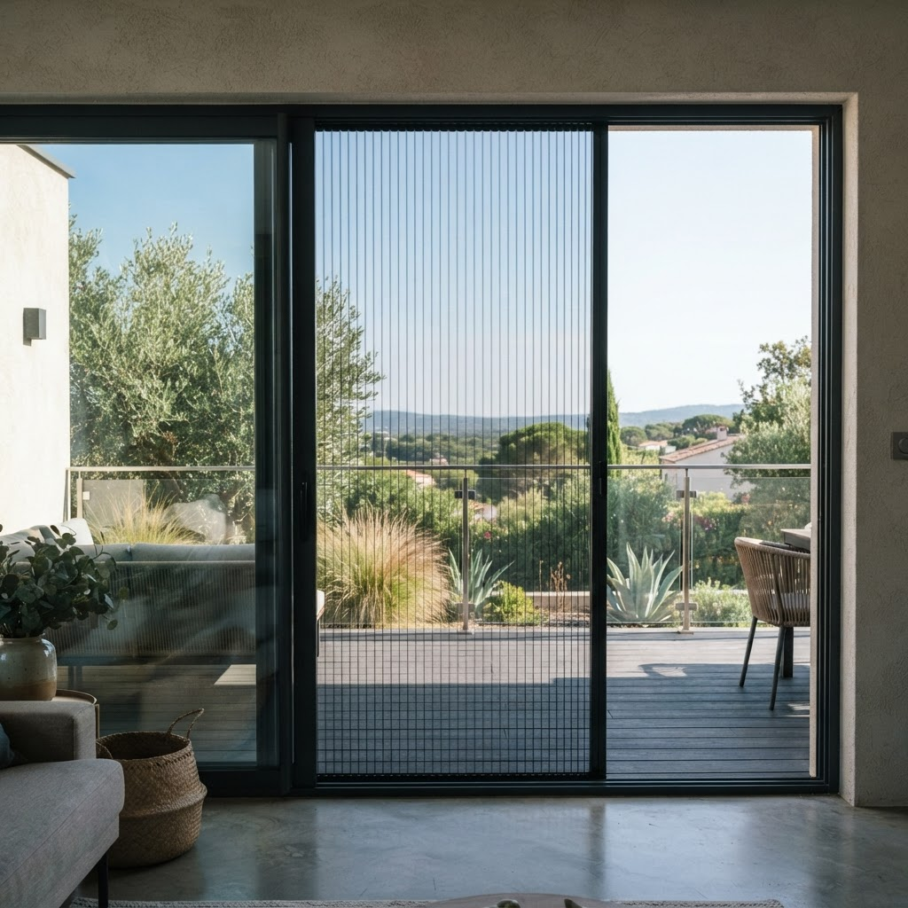 Zanzariera nera installata su una porta che conduce a un terrazzo moderno