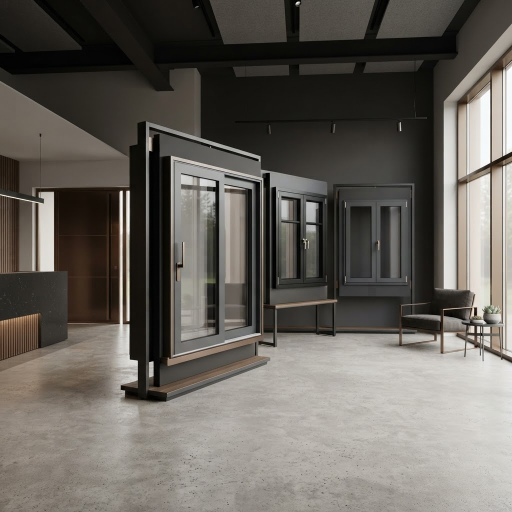 Showroom IPAC Serramenti con campioni di finestre in PVC e alluminio