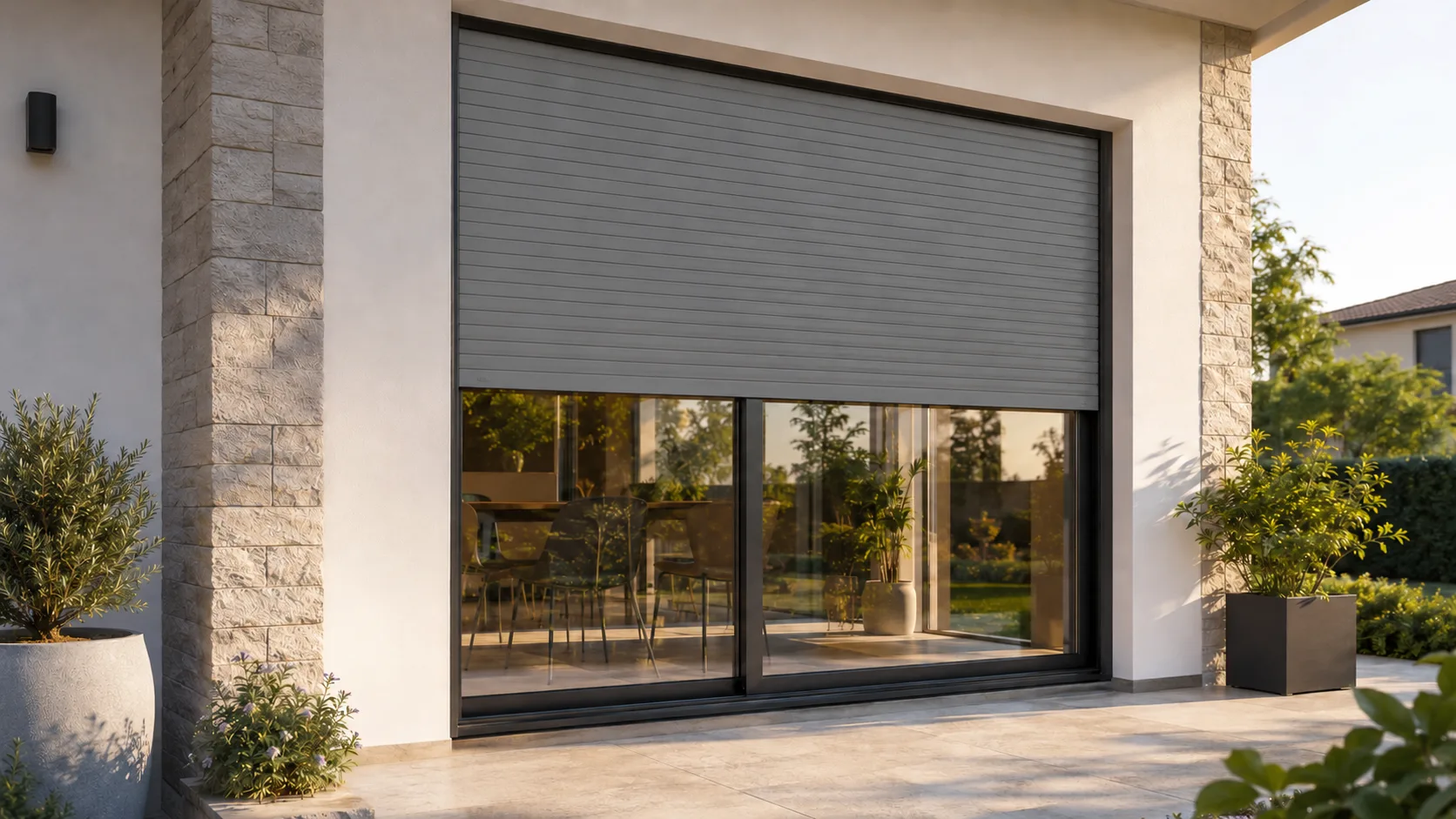 Avvolgibile in alluminio grigio abbassato a metà su una portafinestra moderna
