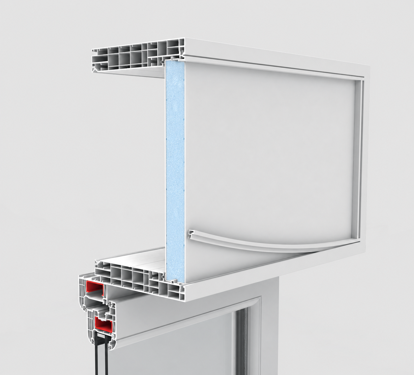 Sezione di un cassonetto in PVC coibentato con profili tecnici e camere isolanti